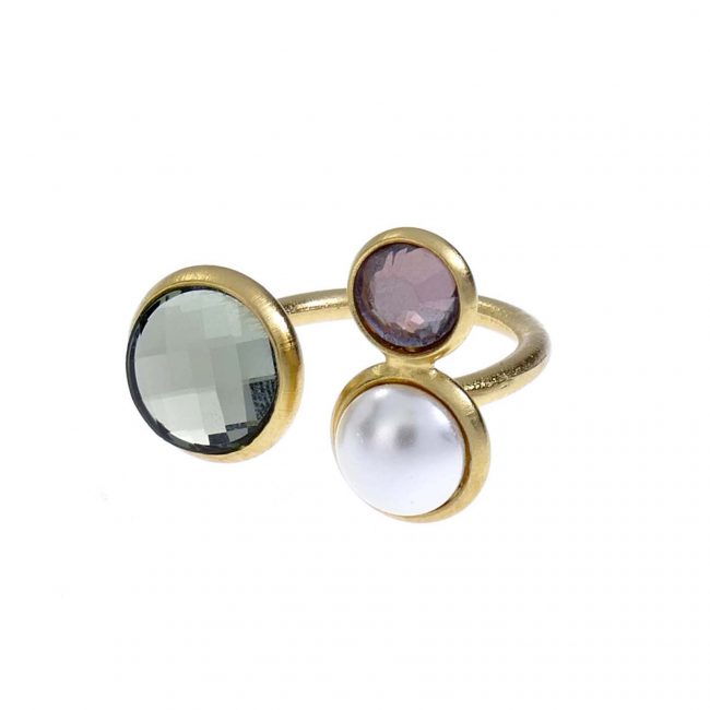 A chic and contemporary ring from the Galactic collection, made of high-quality 24-carat gold-plated brass in a matte shade, 1 micron thick, set with high-quality Swarovski stones and a pearl from York.